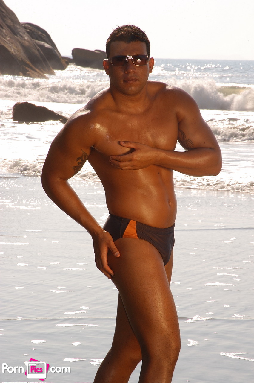 Gay Latino Alexandre Senna shows his sexy tanned body & dick on the beach  