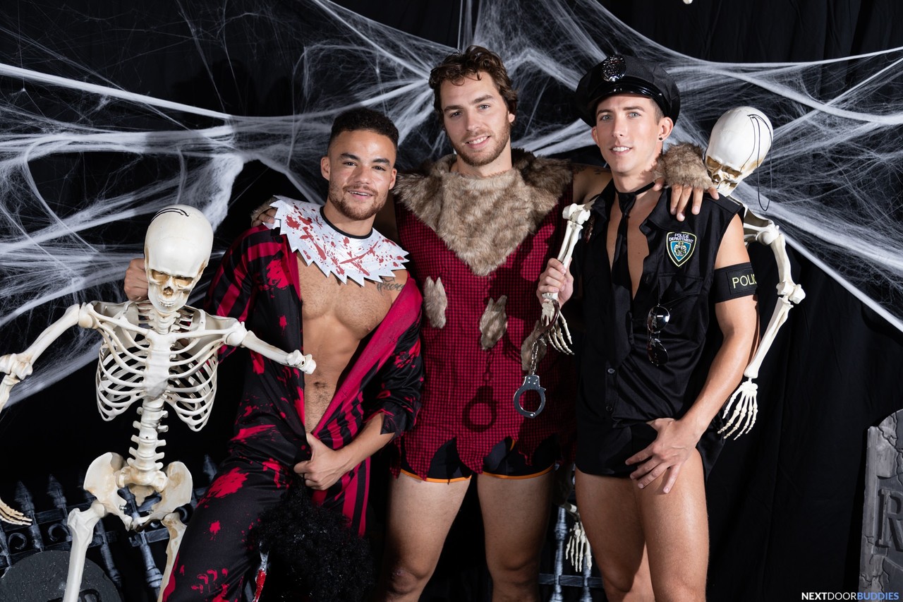 Hot gay lovers disrobe and fuck each others tight assholes on Halloween  