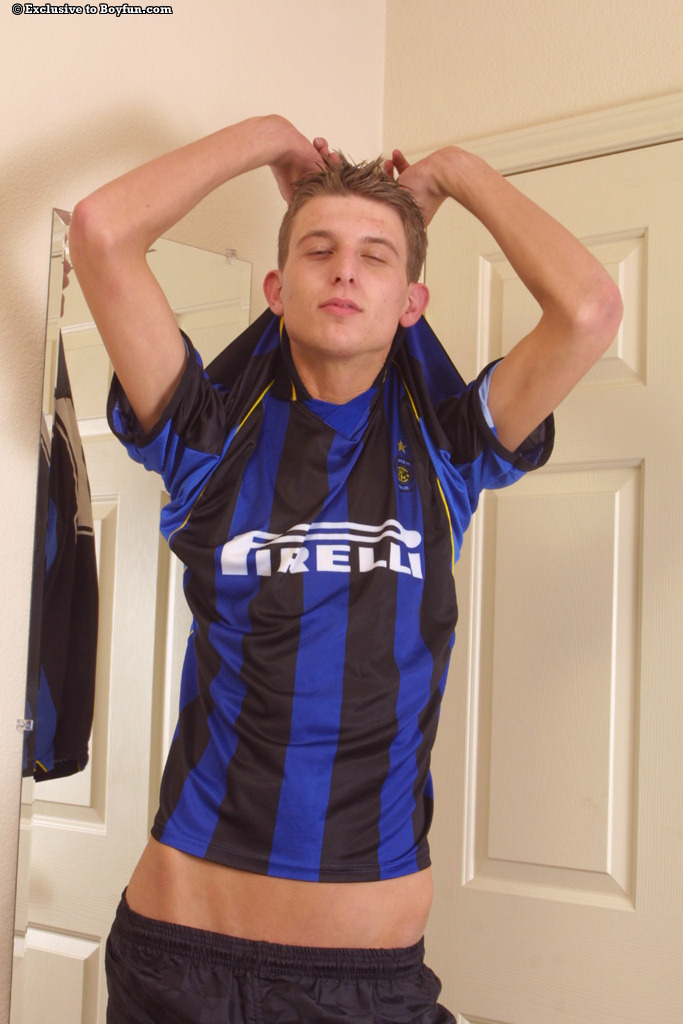 Skinny twink soccer player Julian shows his body and masturbates  