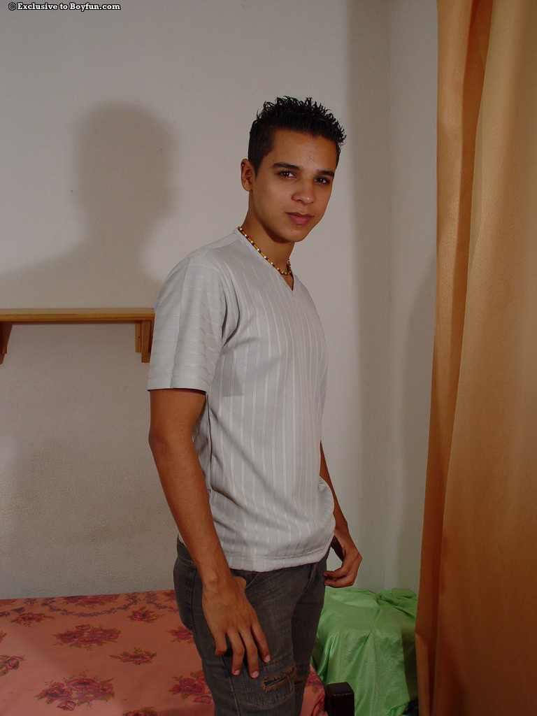 Skinny Latino gay Rafael undresses and masturbates before cumming  