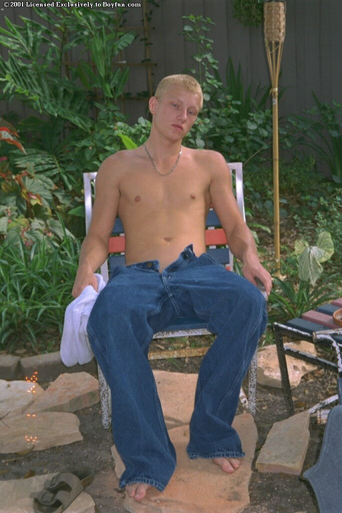 Handsome gay blonde Matthew undressing and masturbating in the back yard  