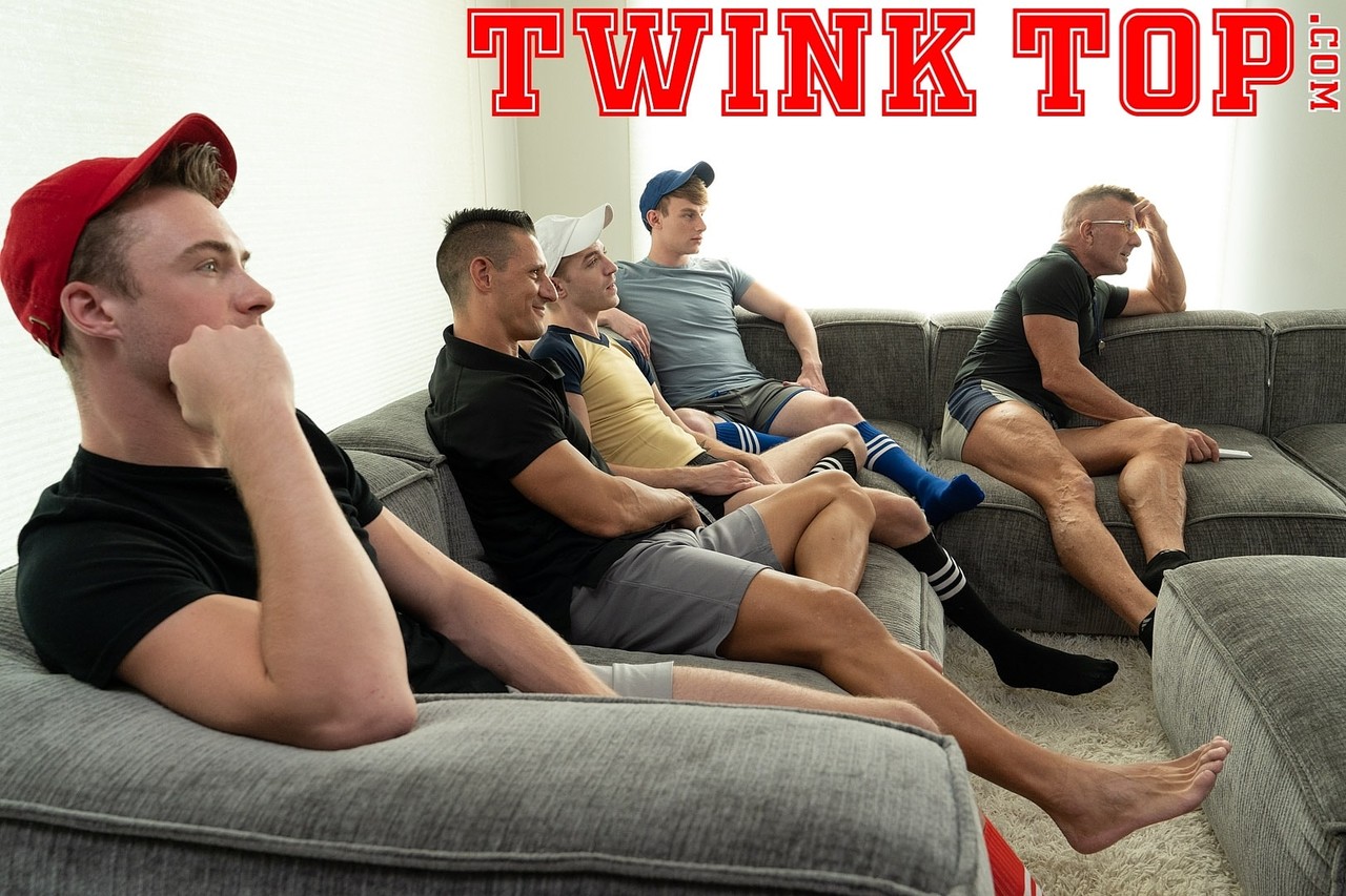 Naughty twinks suck cock and fuck their coaches in a steamy game-day orgy  