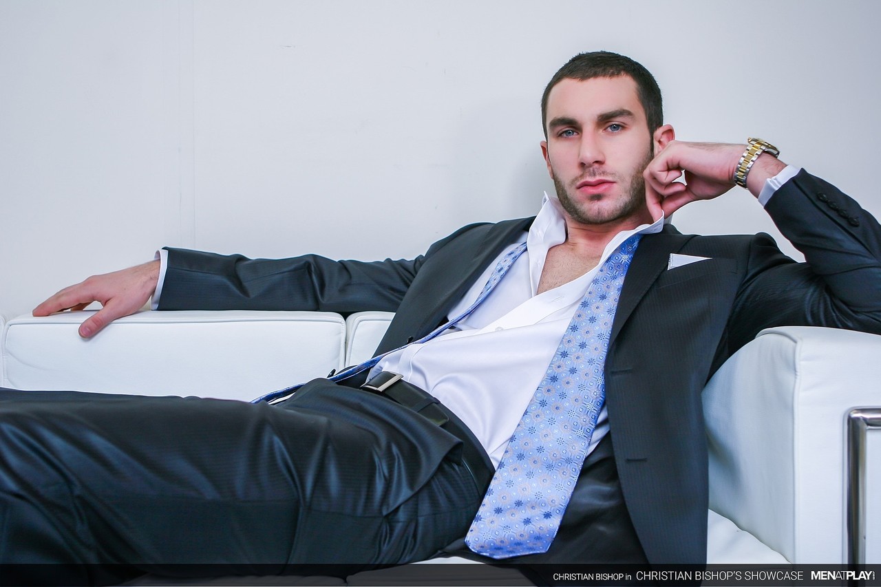 Gay businessman Christian Bishop strips his suit and shows his hot body & dick  